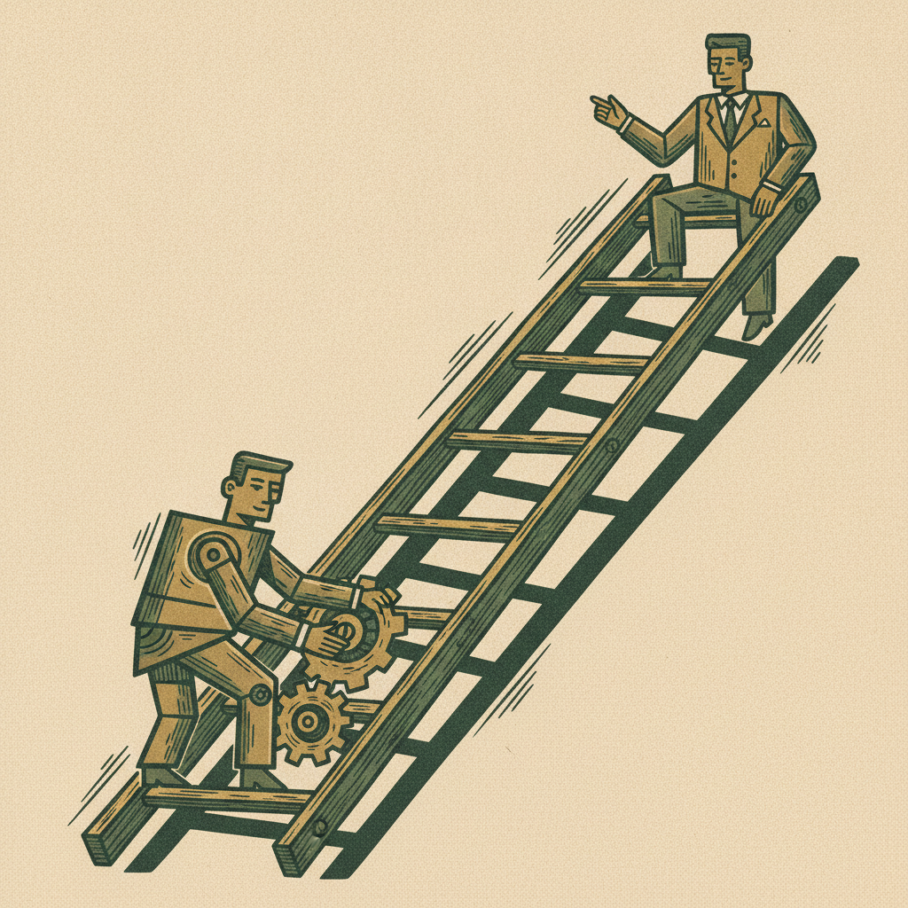 A three-rung ladder with a mechanical agent at the lower rungs and a human advisor overseeing from the top, depicting a staged finance buildout plan.