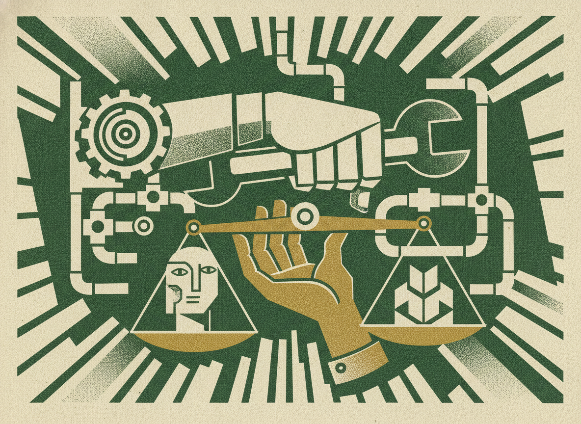Woodcut illustration representing automate the plumbing, not the judgment.