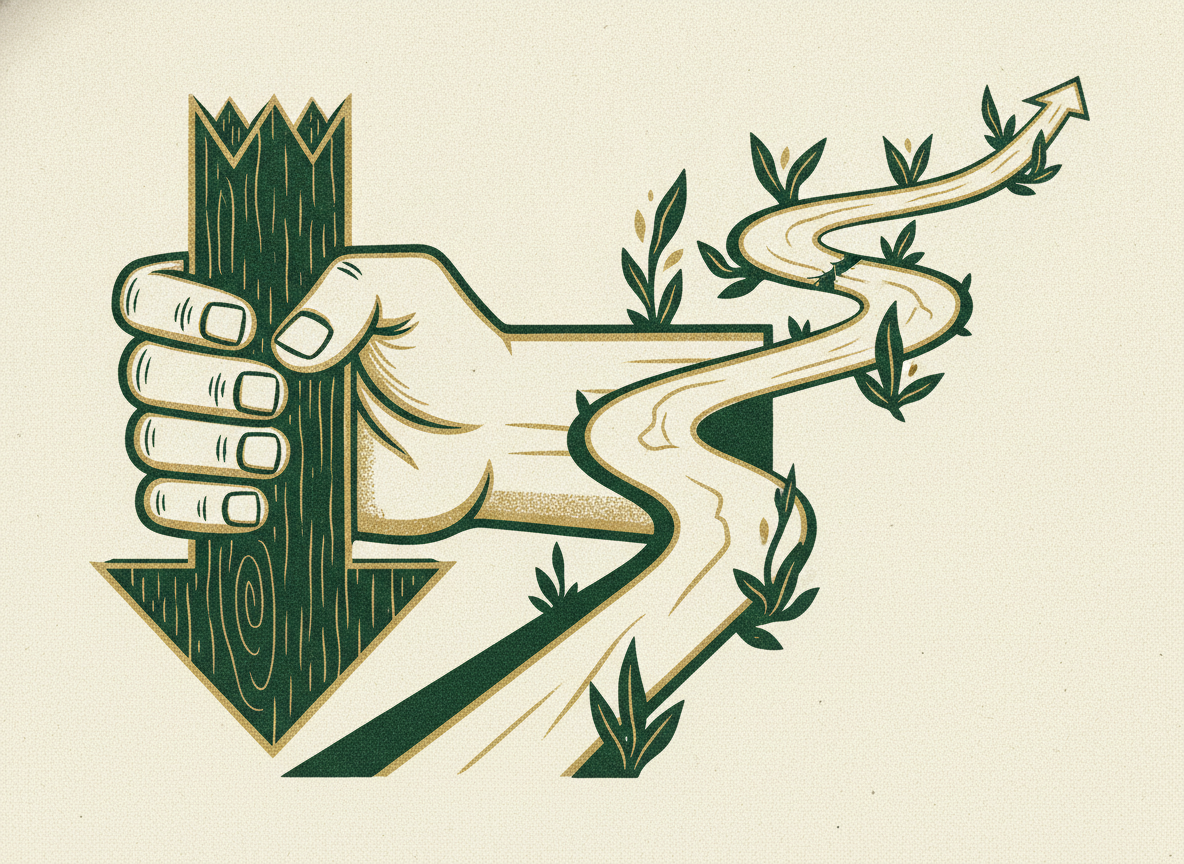 A hand steadies a downward arrow and redirects it toward a recovering upward path.