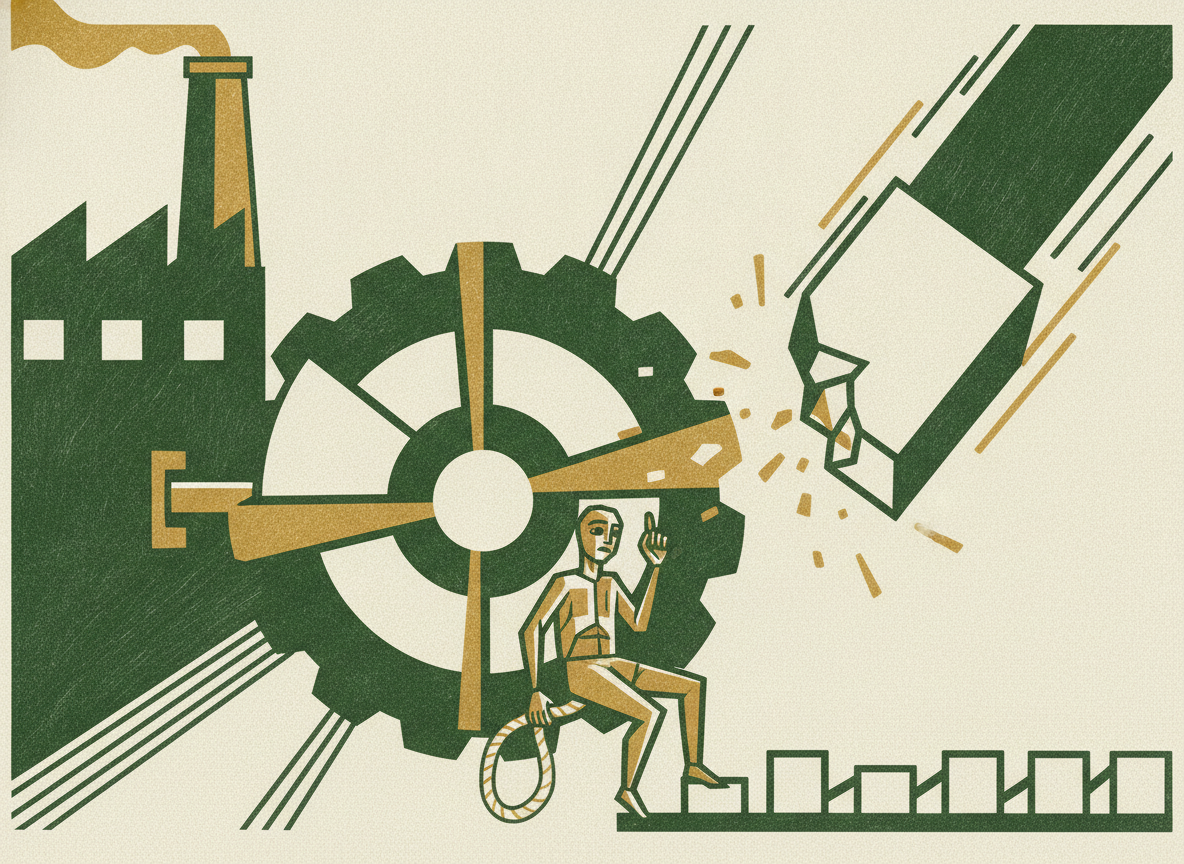Woodcut illustration representing single-supplier dependence: a production-halting risk.