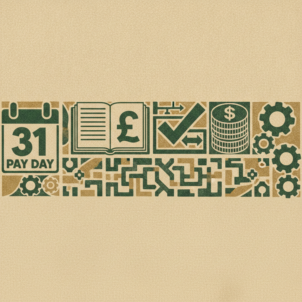 Woodcut banner of carved finance icons representing a controller's accounting operation.
