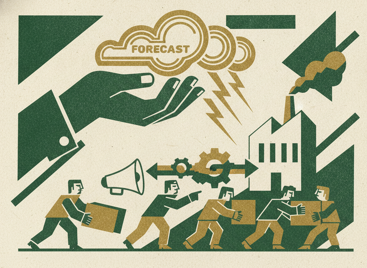 Woodcut illustration representing making the forecast drive decisions.