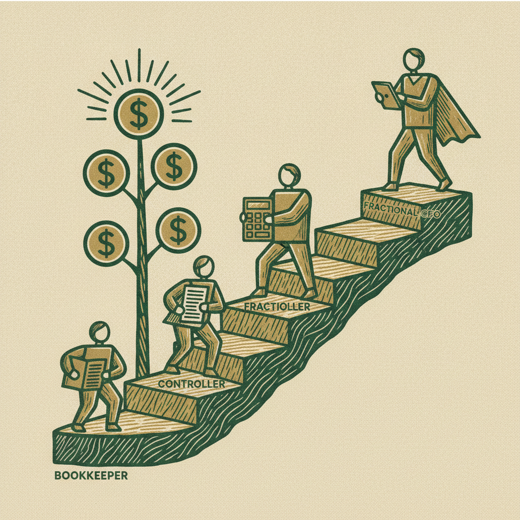 Woodcut staircase of finance roles from bookkeeper to controller to fractional CFO, sequenced with company growth.