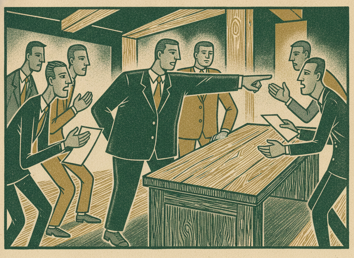 Woodcut of a fractional CFO standing point at a desk, shielding a founder as analysts approach