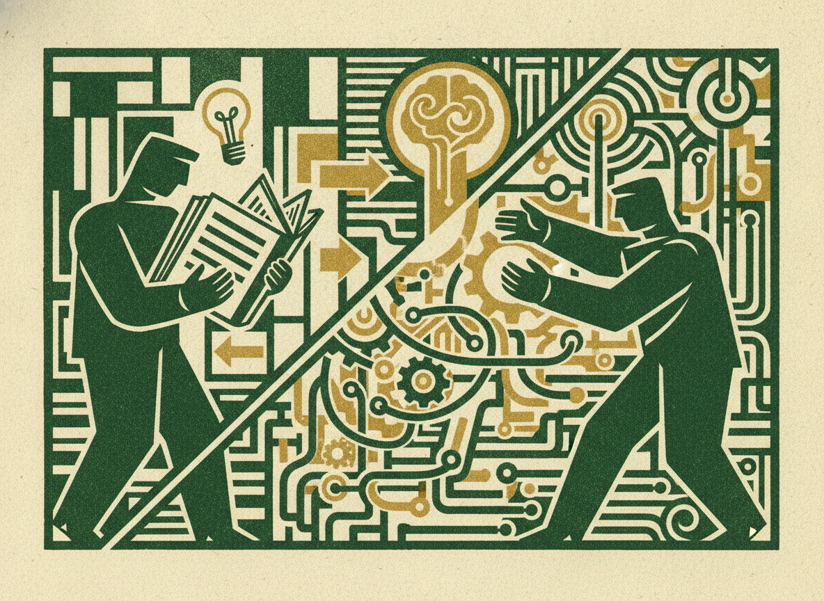 Woodcut illustration representing from literacy to fluency: reading vs using.