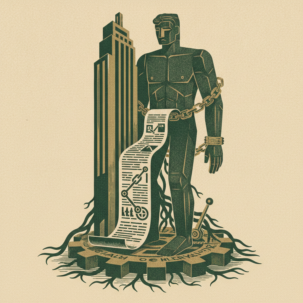 A large customer figure chained and anchored to a building by thick gold contract links and roots, showing contract and renewal levers that make a big account hard to leave.