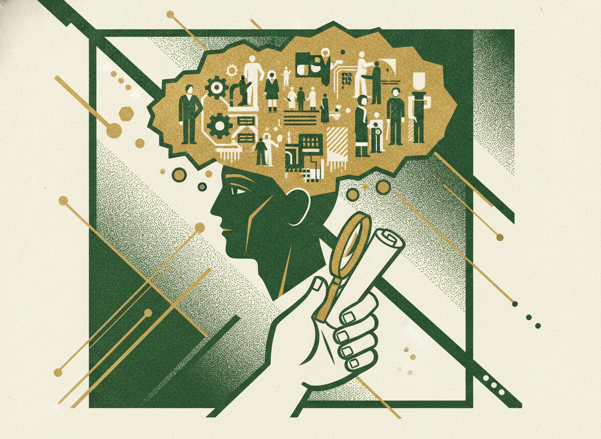 Woodcut illustration representing documenting what lives in people's heads.