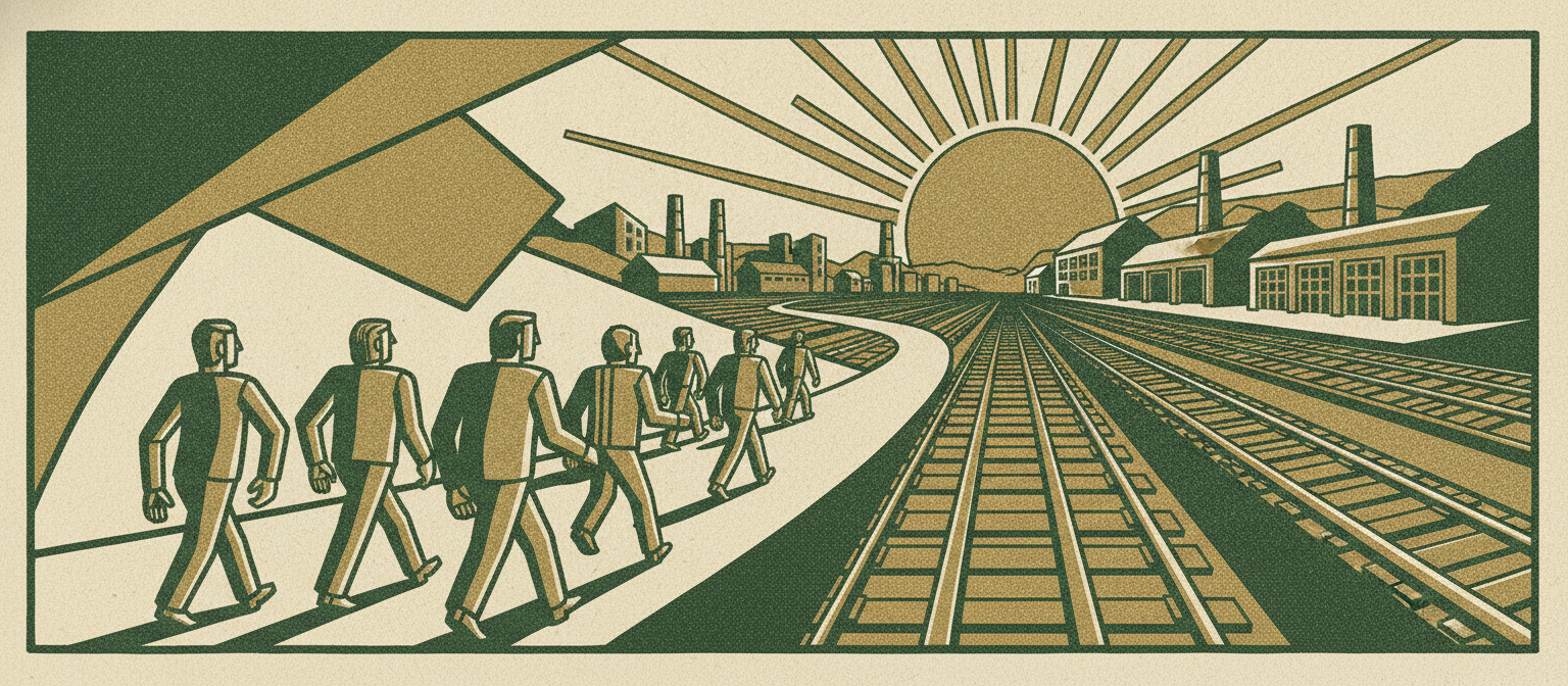 A wide woodcut frieze of an owner, advisors, and a management team walking a long road toward a rising sun over a depot.