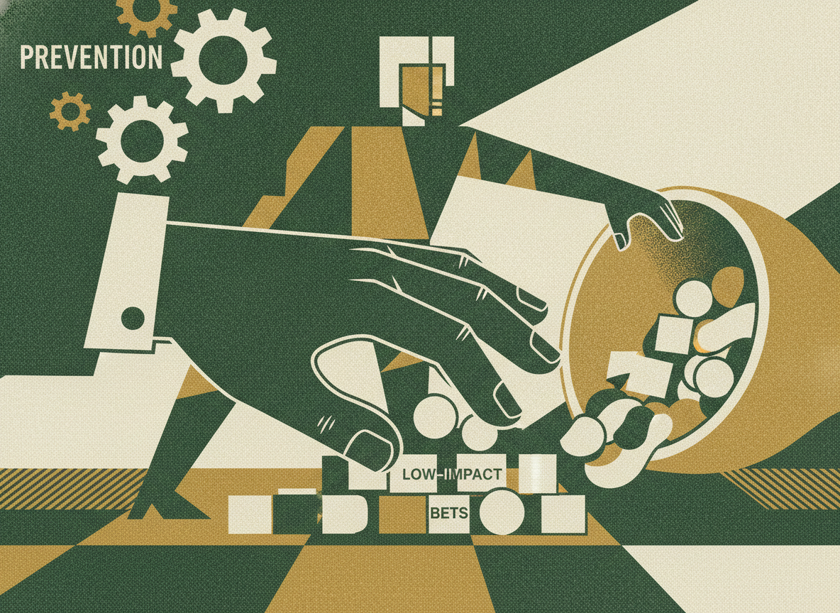 Woodcut illustration representing governance: preventing over-investment in low-impact bets.