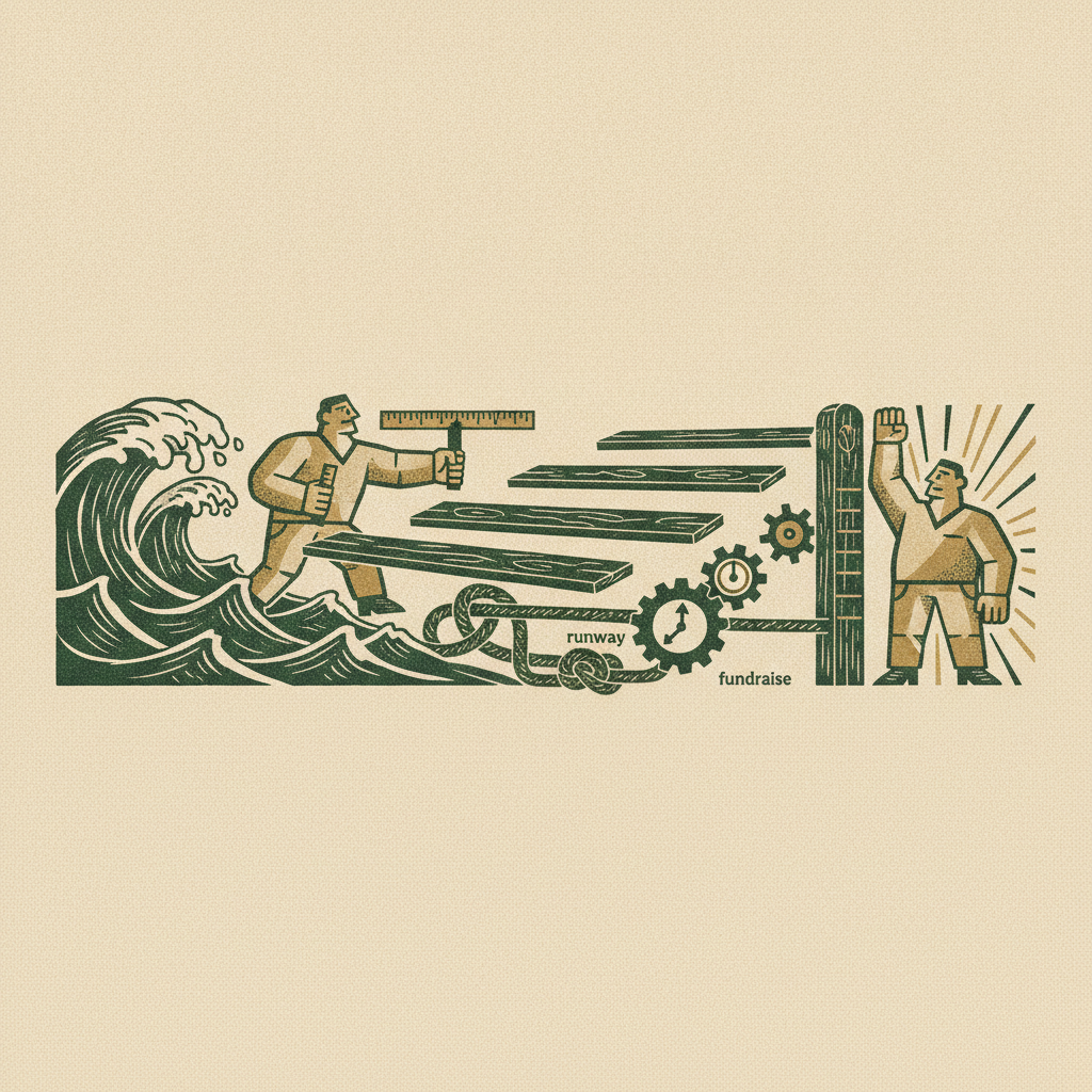 Woodcut panorama from choppy waves and a measuring founder through three runway planks to a founder deciding to raise at a deadline post, showing tying runway to fundraise timing.