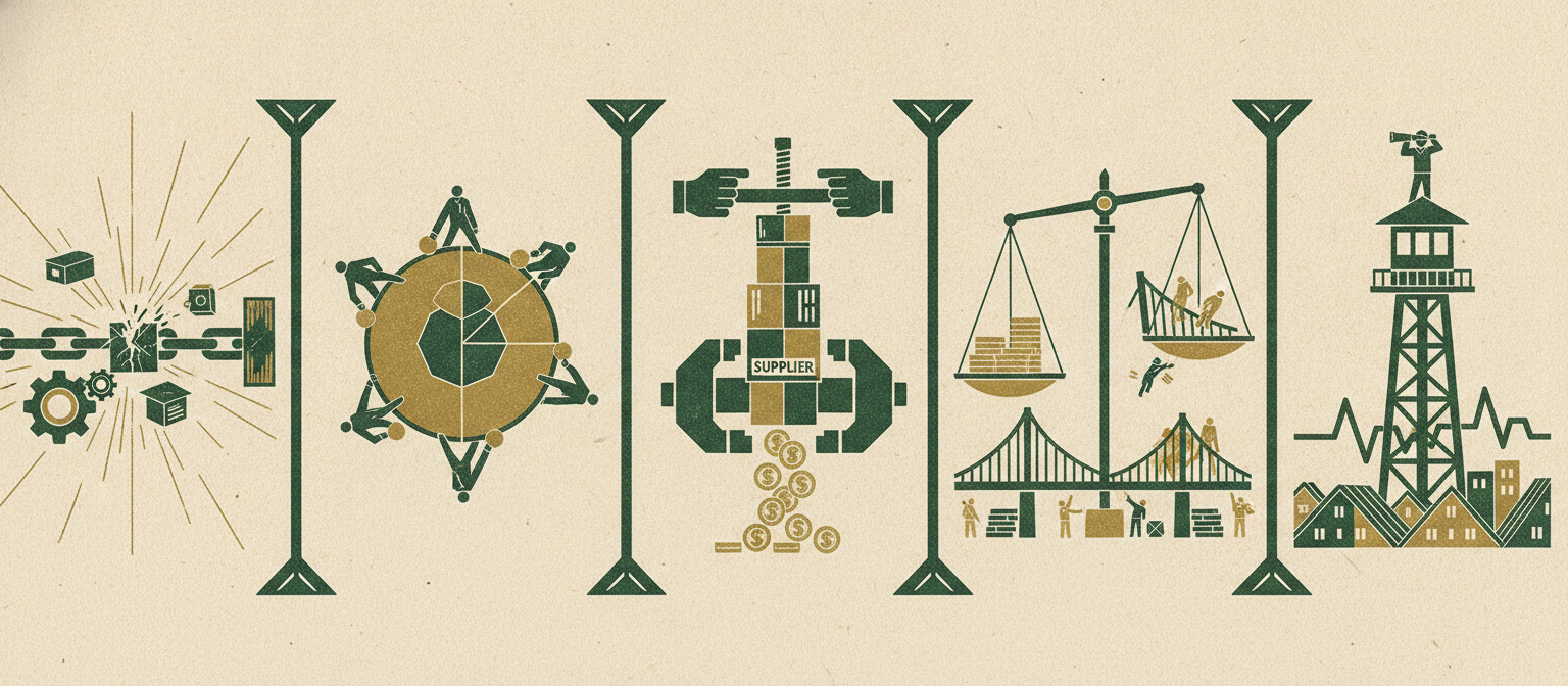 A wide woodcut frieze of supplier-risk scenes: a straining supply chain, a concentration map, a supplier crushed in a vise, a scale with a second bridge, and a watchtower lookout.