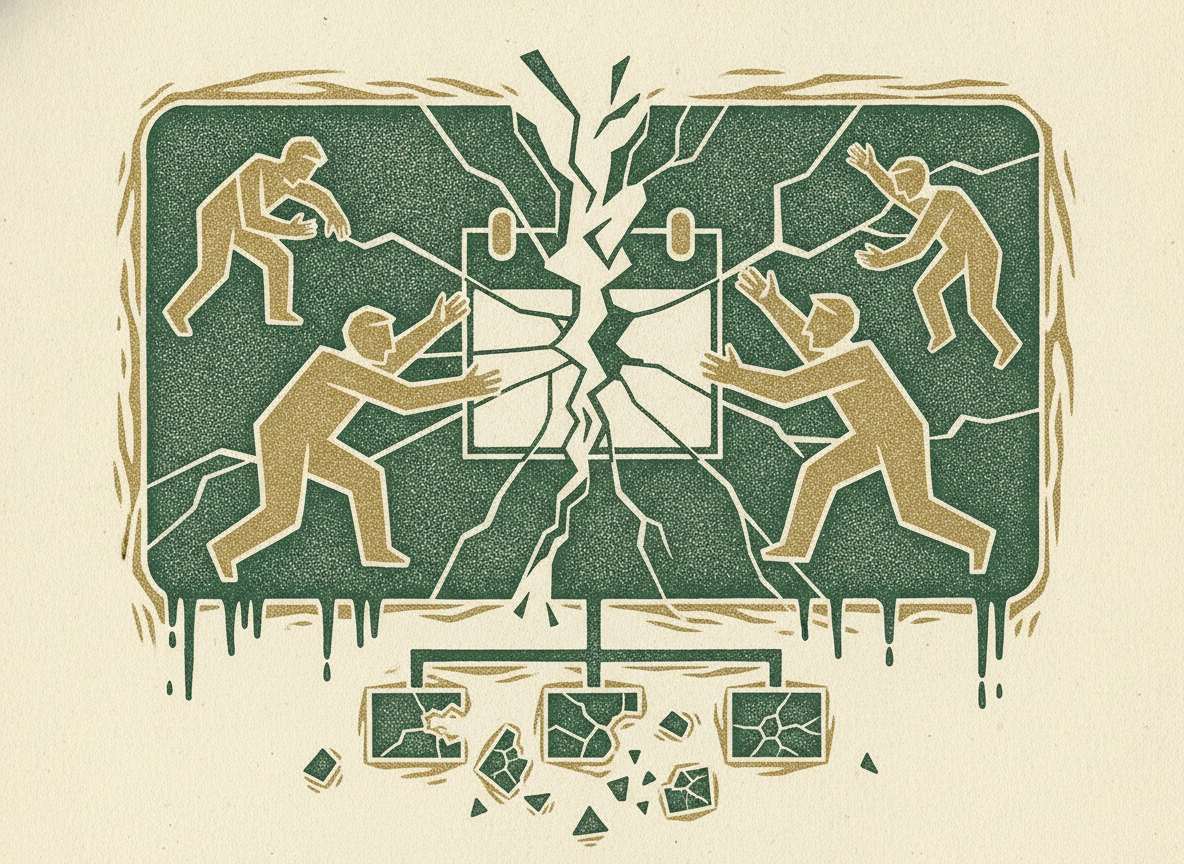 Woodcut of a rigid frozen plan cracking apart like ice.