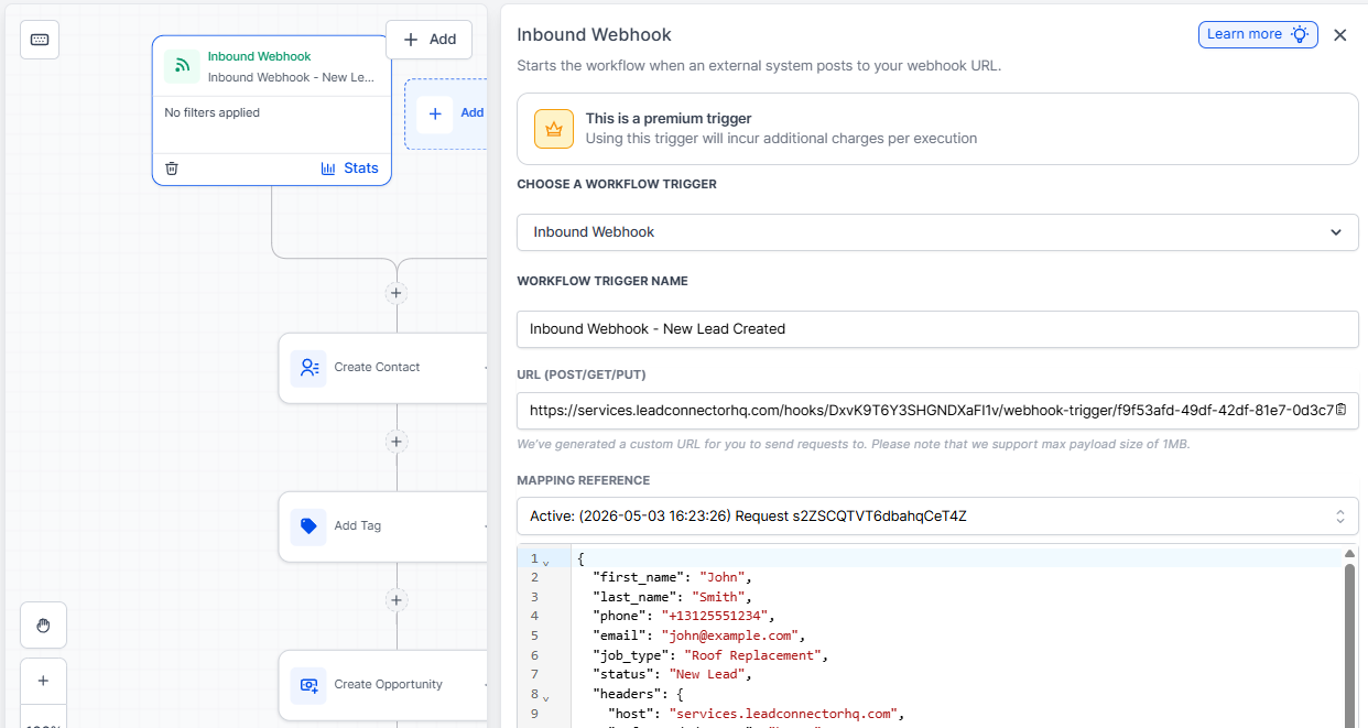 Inbound webhook creating the new lead in GHL