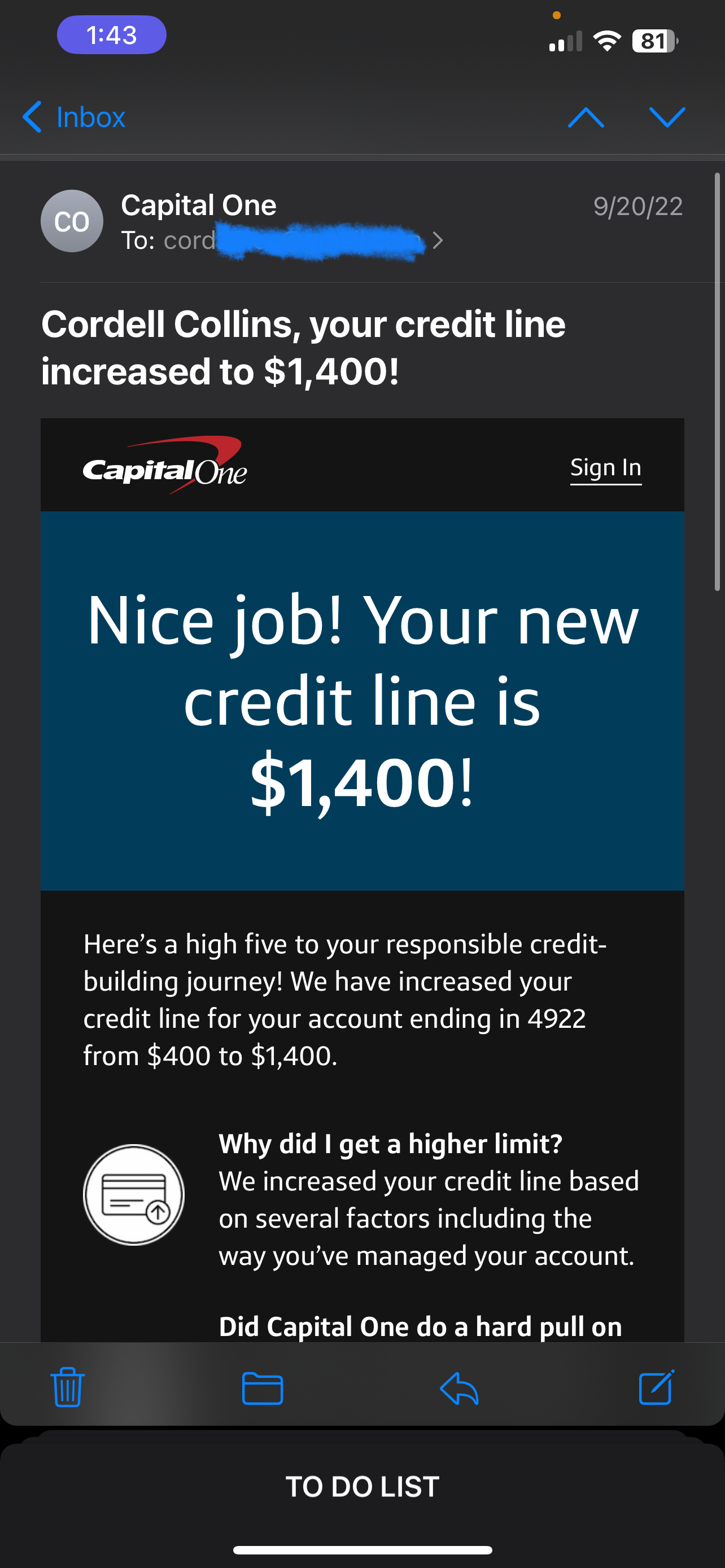 Credit Limit Increase to $1,400