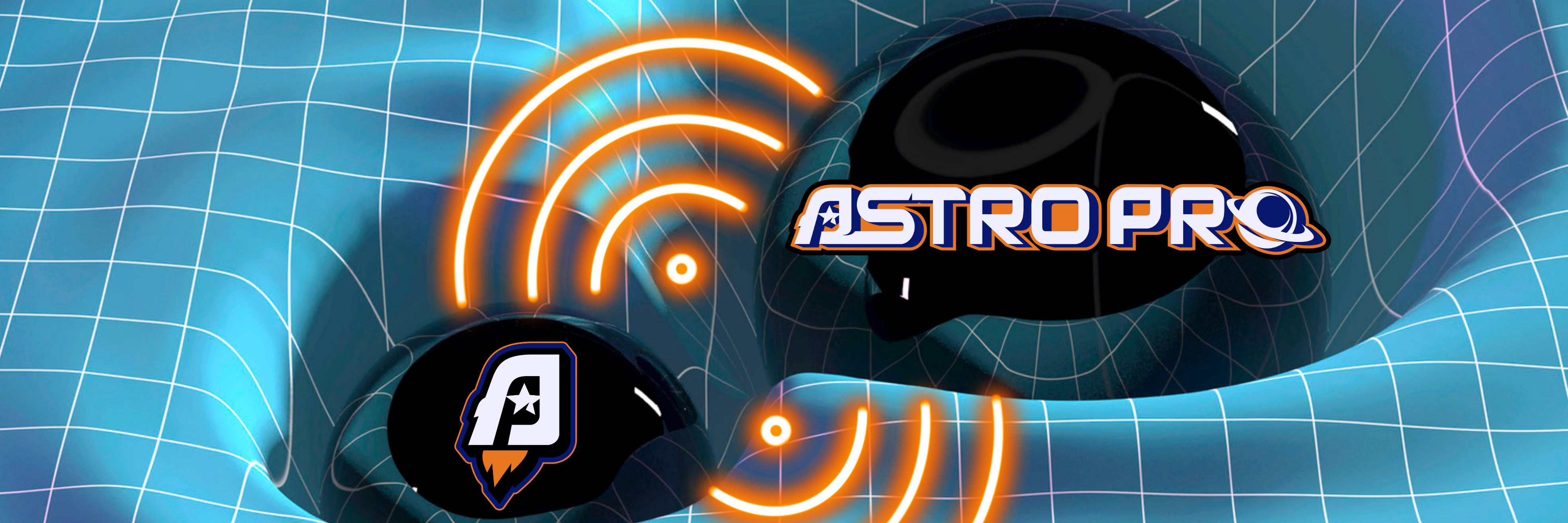 AstroPro Marketing banner featuring a futuristic, grid-patterned blue background with dynamic waves. The design includes the AstroPro logo and branding, accented by glowing orange signal waves, symbolizing connectivity, innovation, and expansive outreach.