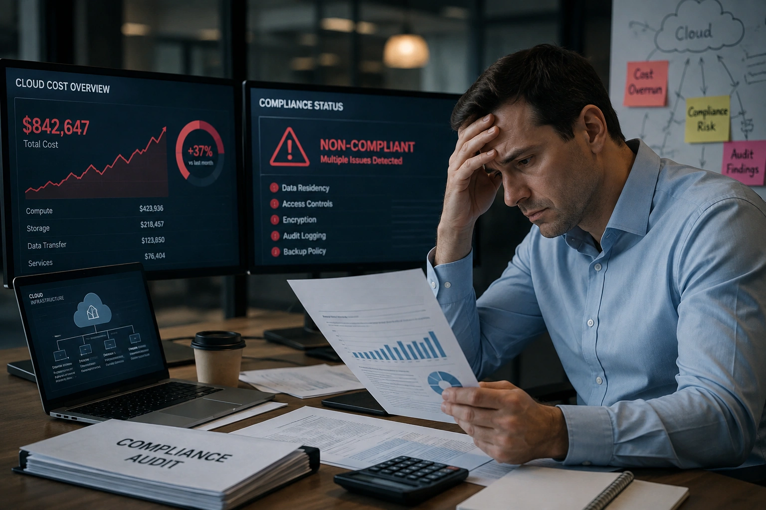 Cloud infrastructure cost and compliance burden affecting business operations.