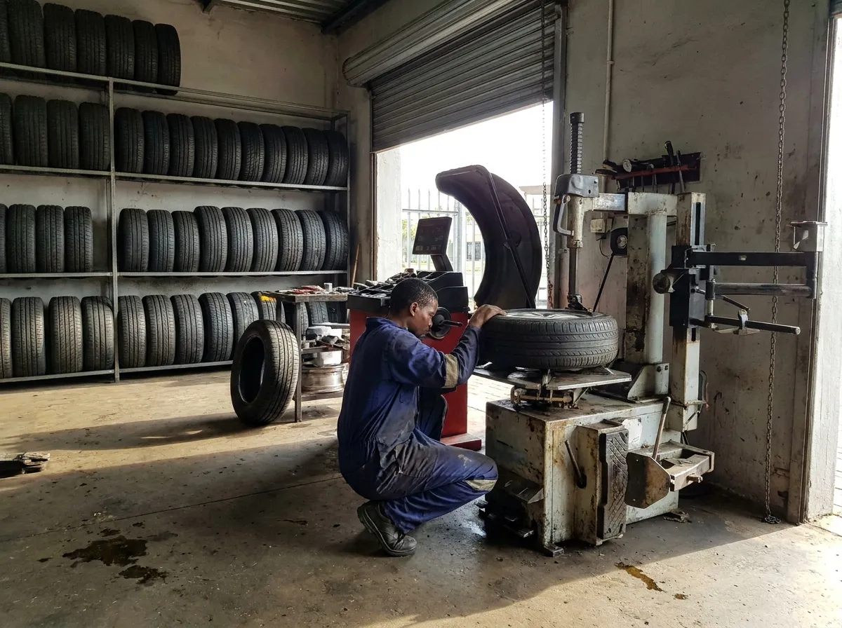 Technician fitting a tyre on a tyre changer