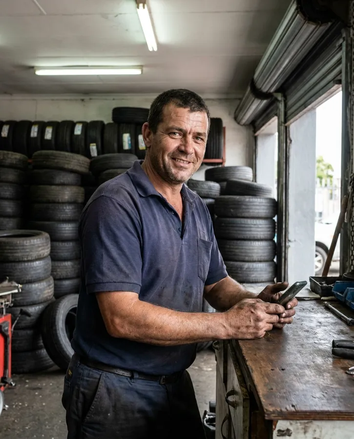 Tyre shop owner at his counter