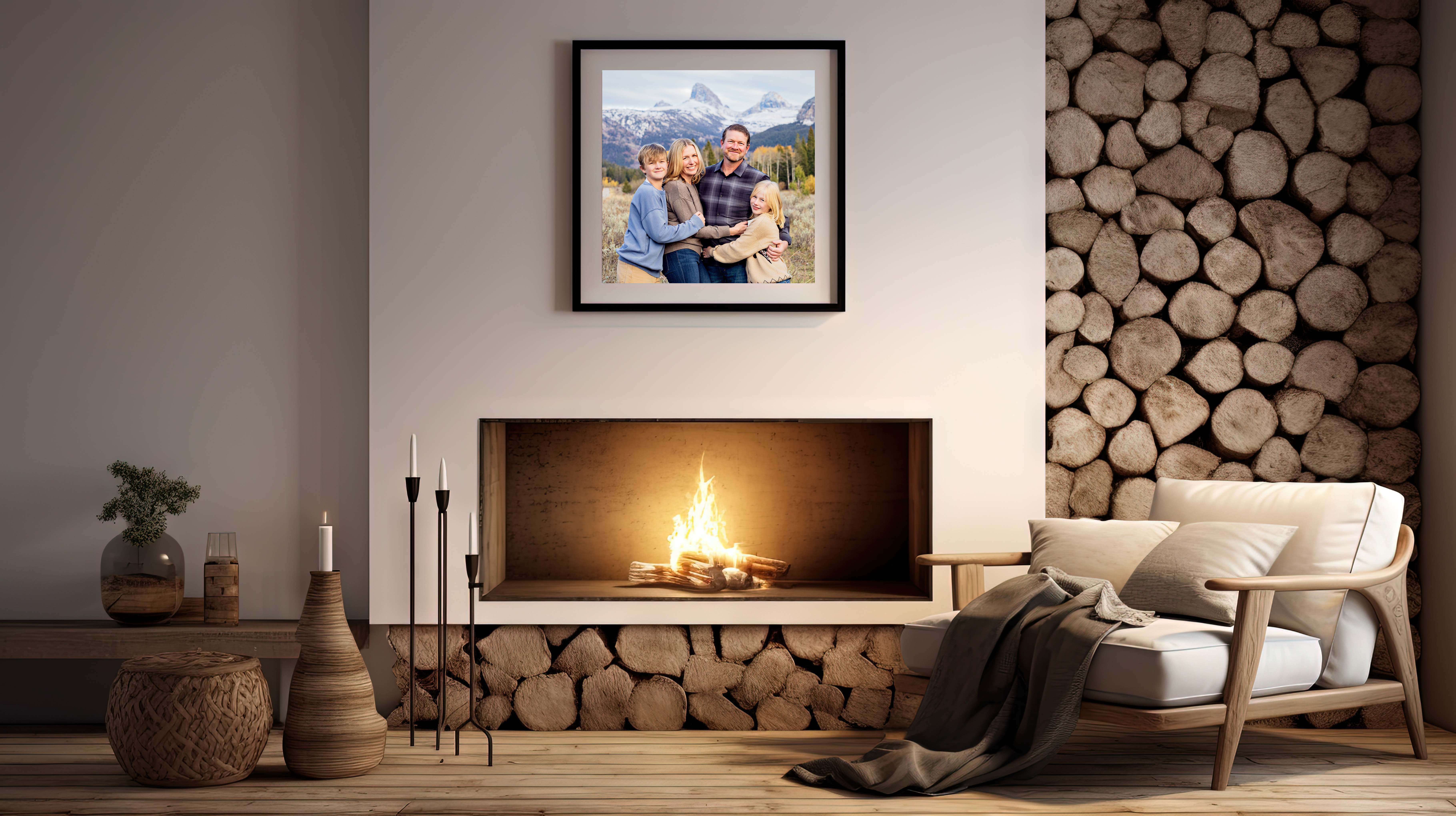 Family portrait above a fireplace in a Teton Valley home