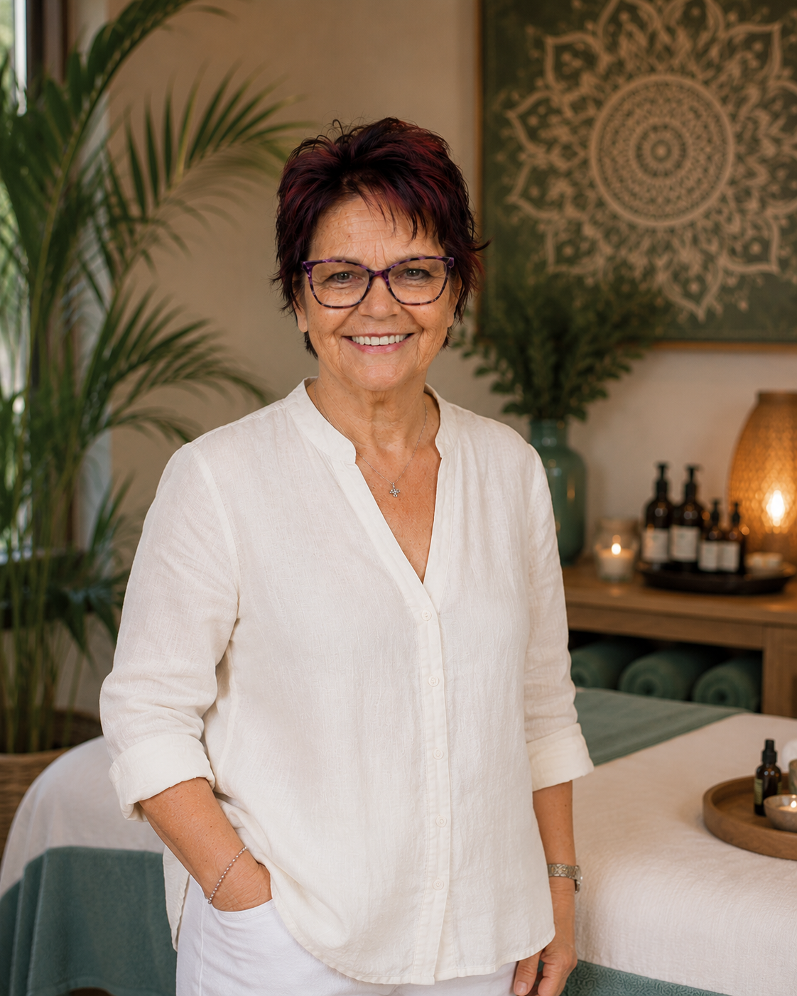 Diane Wright, reflexologist, seated in her treatment room smiling warmly