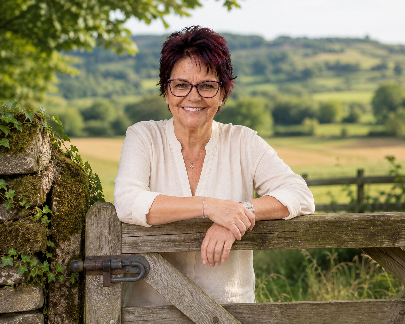 Diane Wright at a countryside gate in South West Scotland