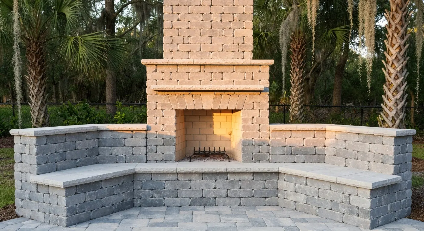 Built-in outdoor fireplace with stone seating