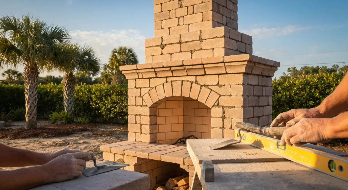 Outdoor fireplace masonry construction