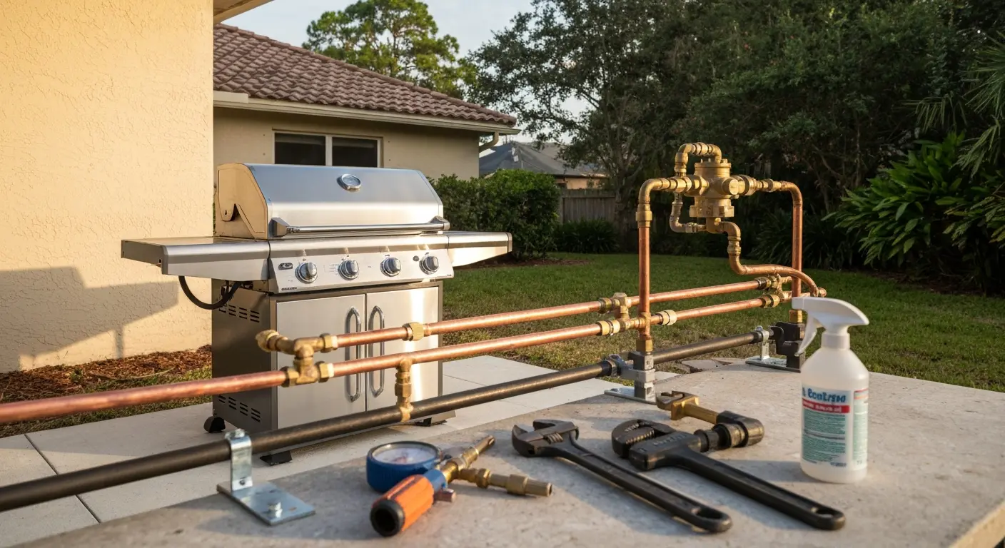 Gas line installation for outdoor grill