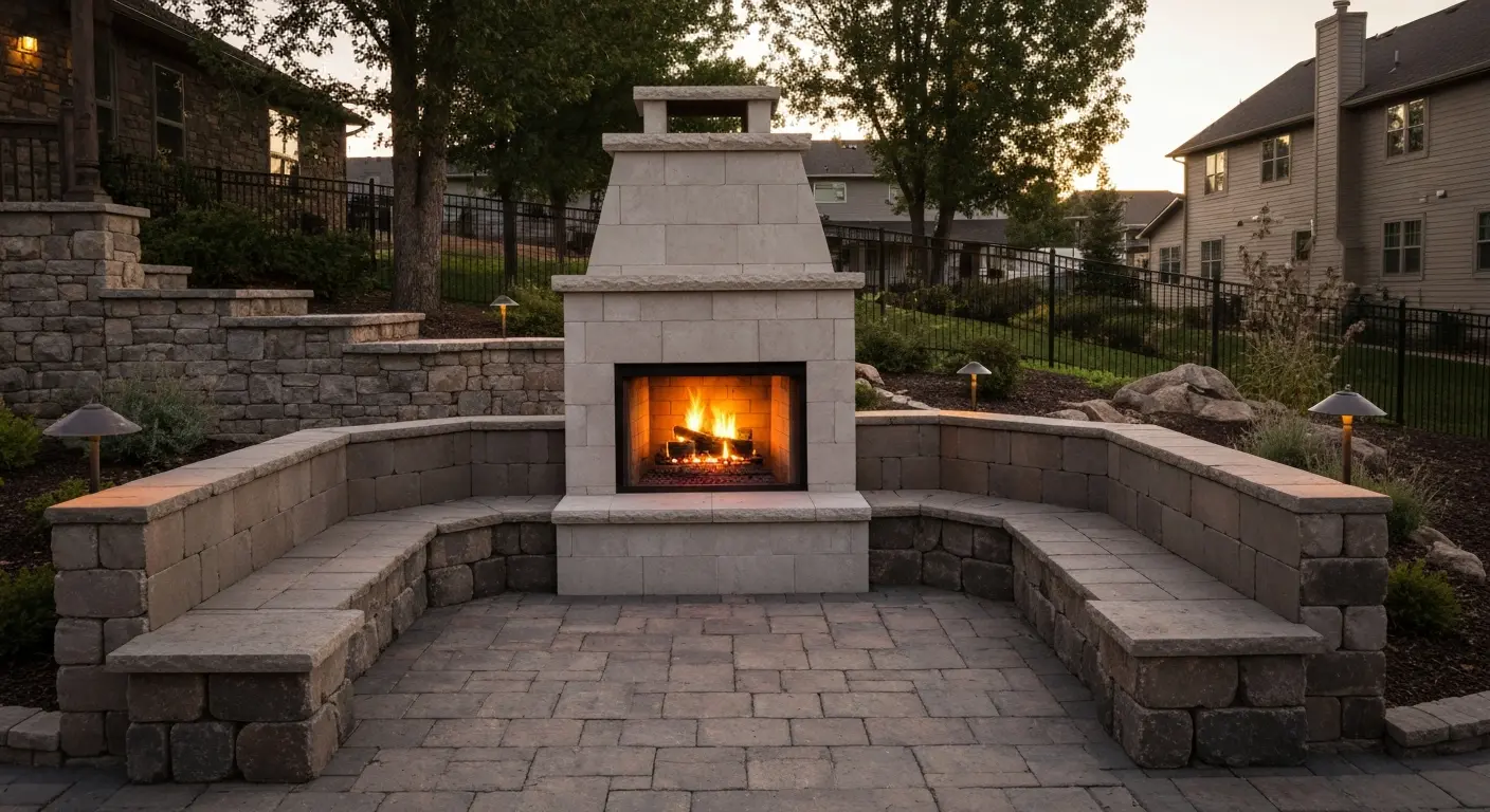 Outdoor seating area with fireplace