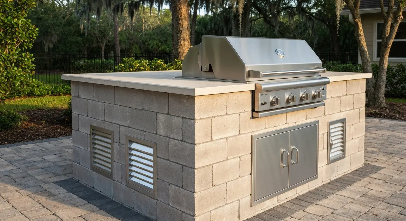 Outdoor kitchen island with grill installed