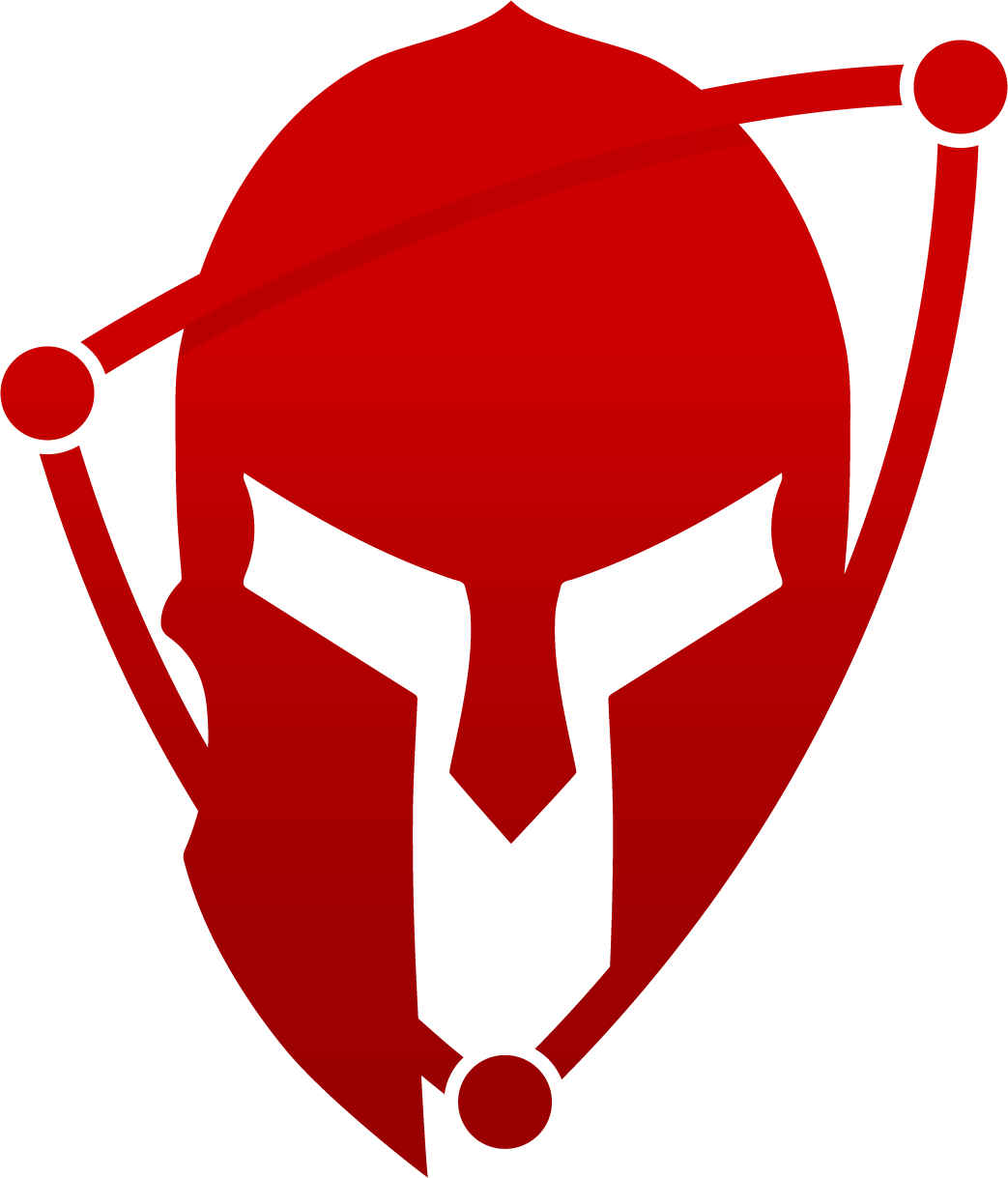 Red Spartan helmet logo with connected nodes forming a tech network outline.