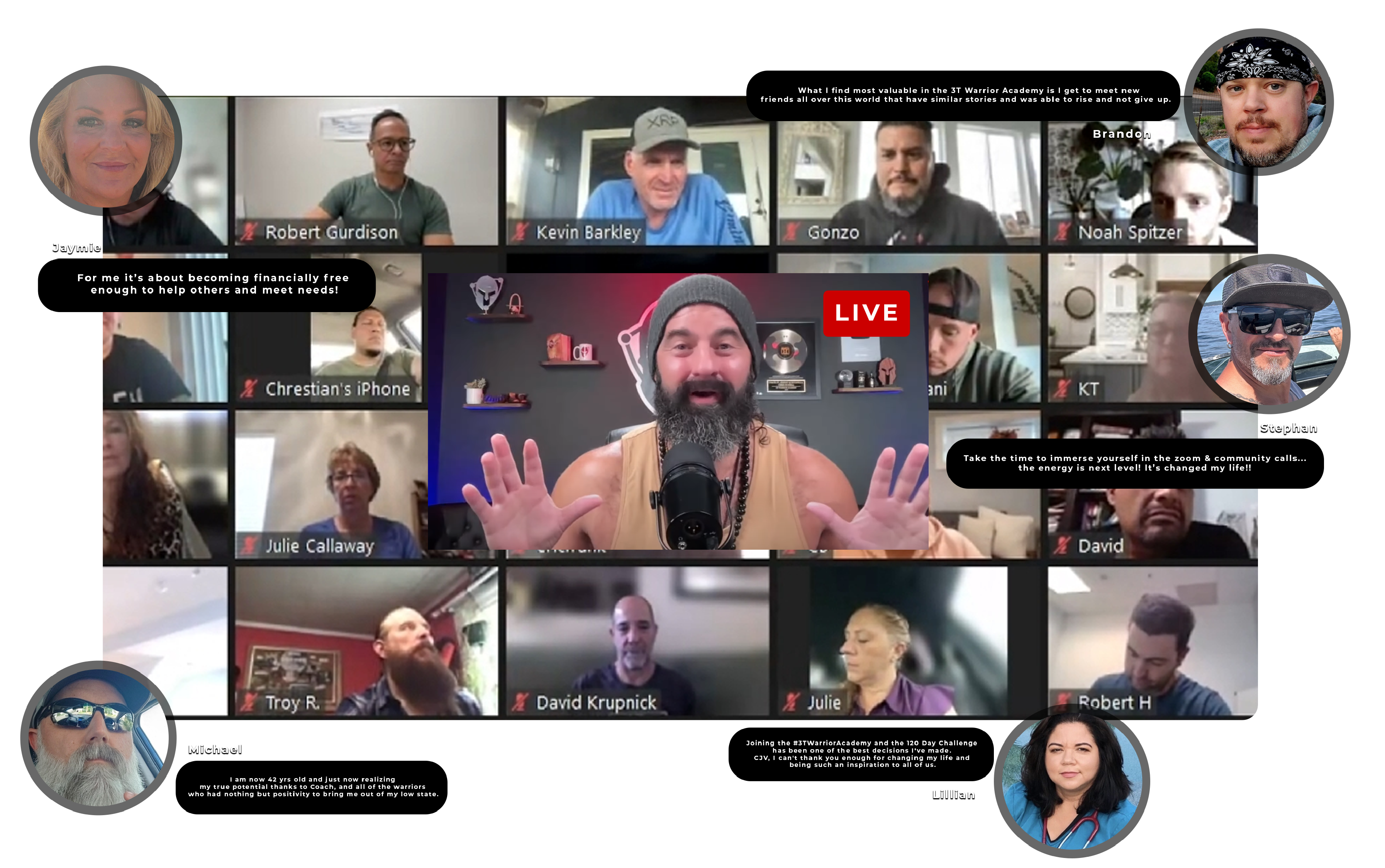 Online group video call with host speaking live and multiple participants in grid.