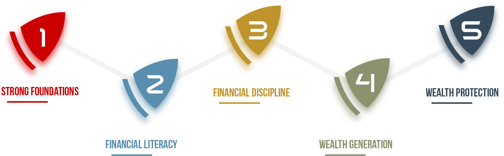 Five-step diagram showing Strong Foundations, Financial Literacy, Financial Discipline, Wealth Generation, and Wealth Protection.
