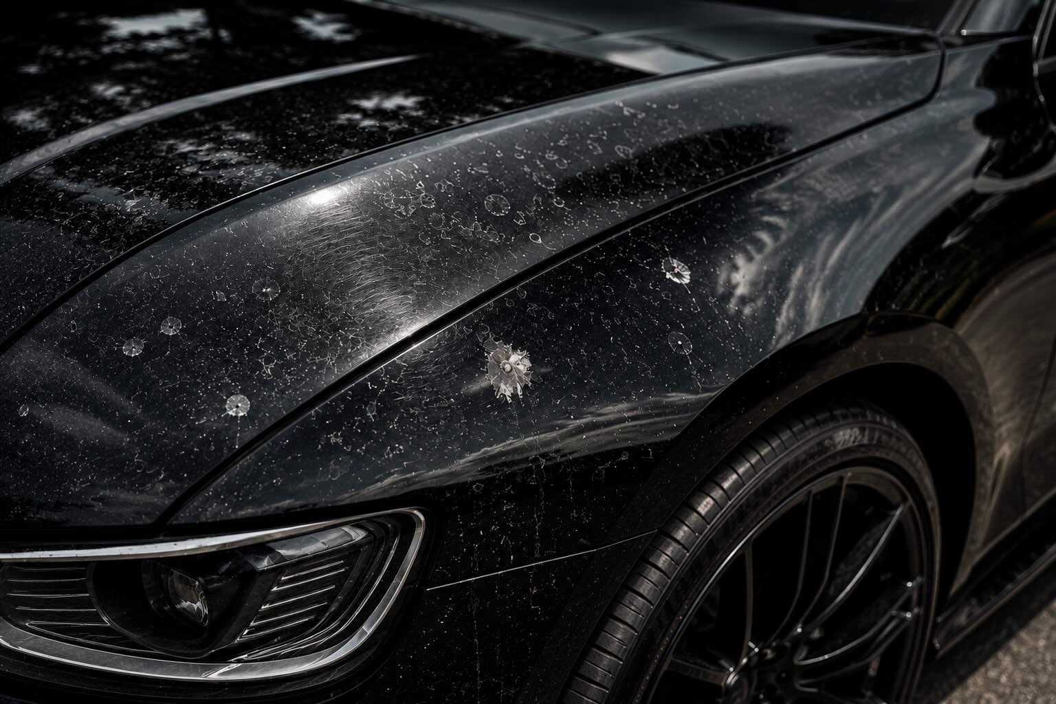Close-up of weathered, contaminated car paint with water spots and swirl marks