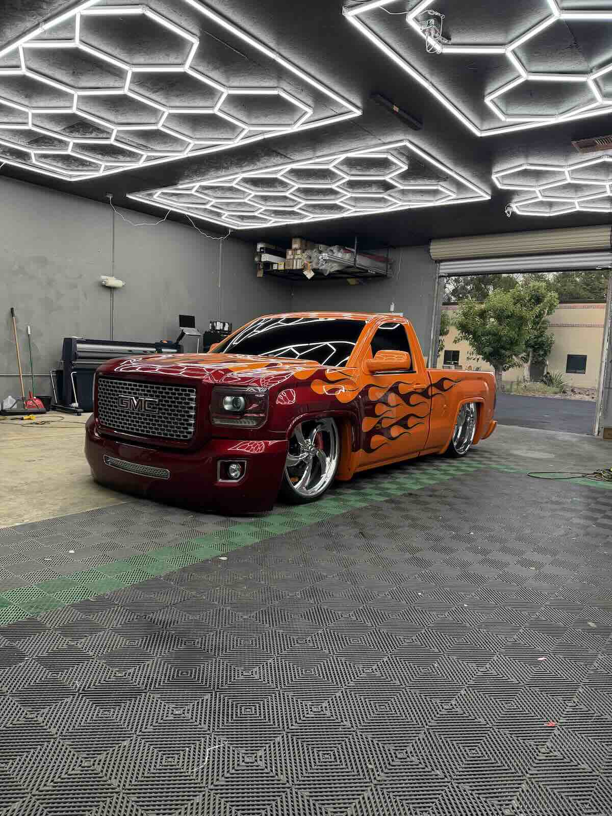 Completed vinyl wrap, exotic truck flames red and orange