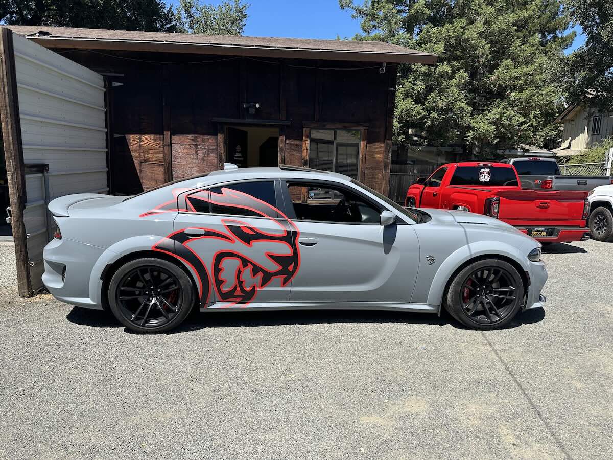 Completed vinyl wrap, SRT Hellcat with Hellcat decal, Nardo Grey