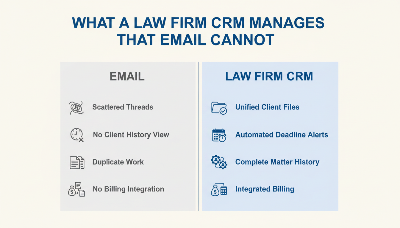 Law firm CRM versus email management comparison for professional services