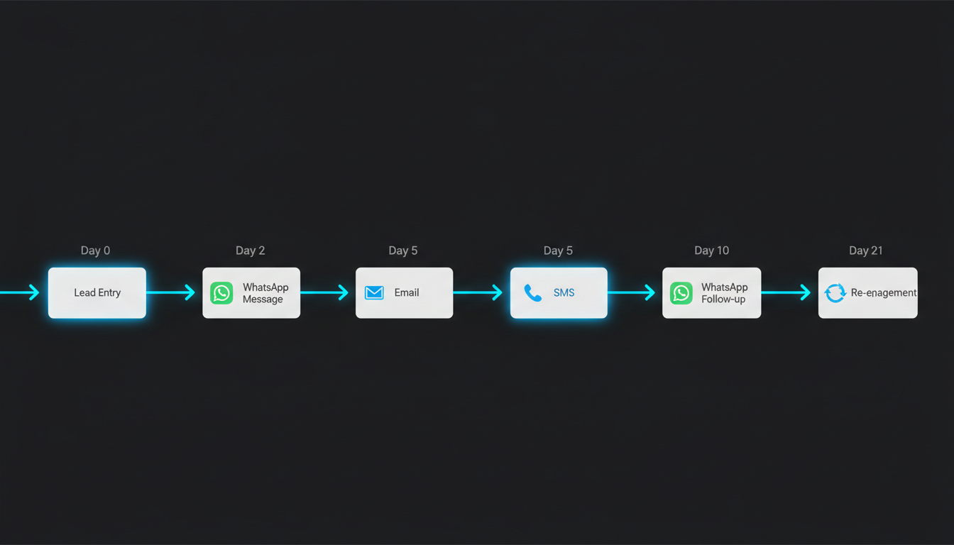 Automated nurture sequence workflow — Day 0 through Day 21 multi-channel WhatsApp email SMS follow-up touchpoints