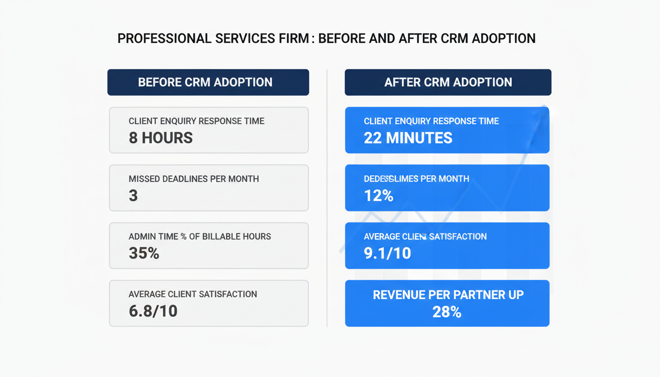 Professional services firm CRM adoption results dashboard before and after metrics