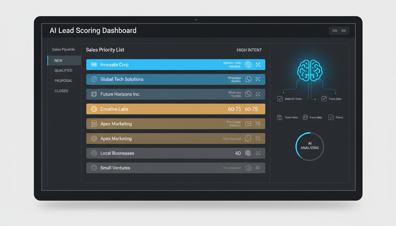 AI lead scoring dashboard showing leads ranked by conversion intent — high intent vivid blue, low intent faded