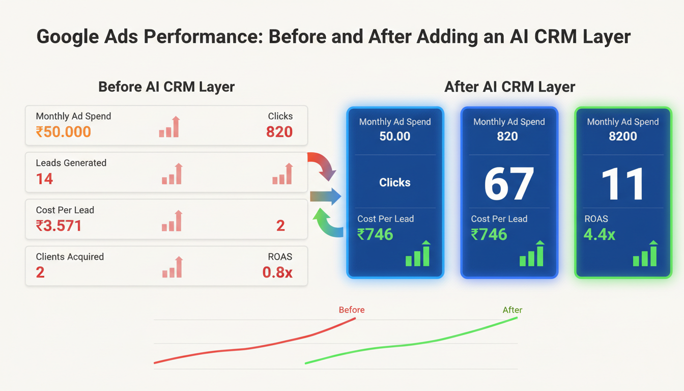 Google Ads ROI improvement before and after AI CRM layer results dashboard