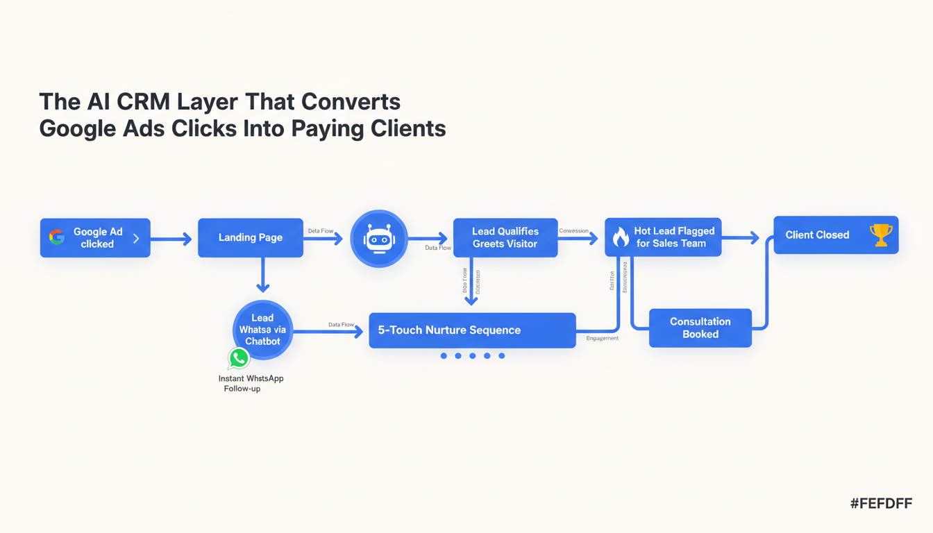AI CRM layer connecting Google Ads clicks to paying clients pipeline