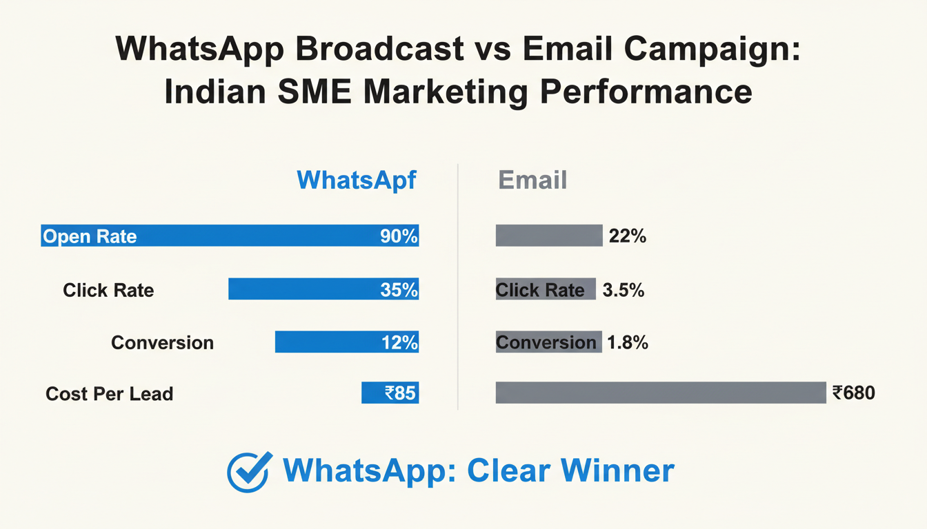 WhatsApp broadcast vs email campaign results comparison for Indian SMEs