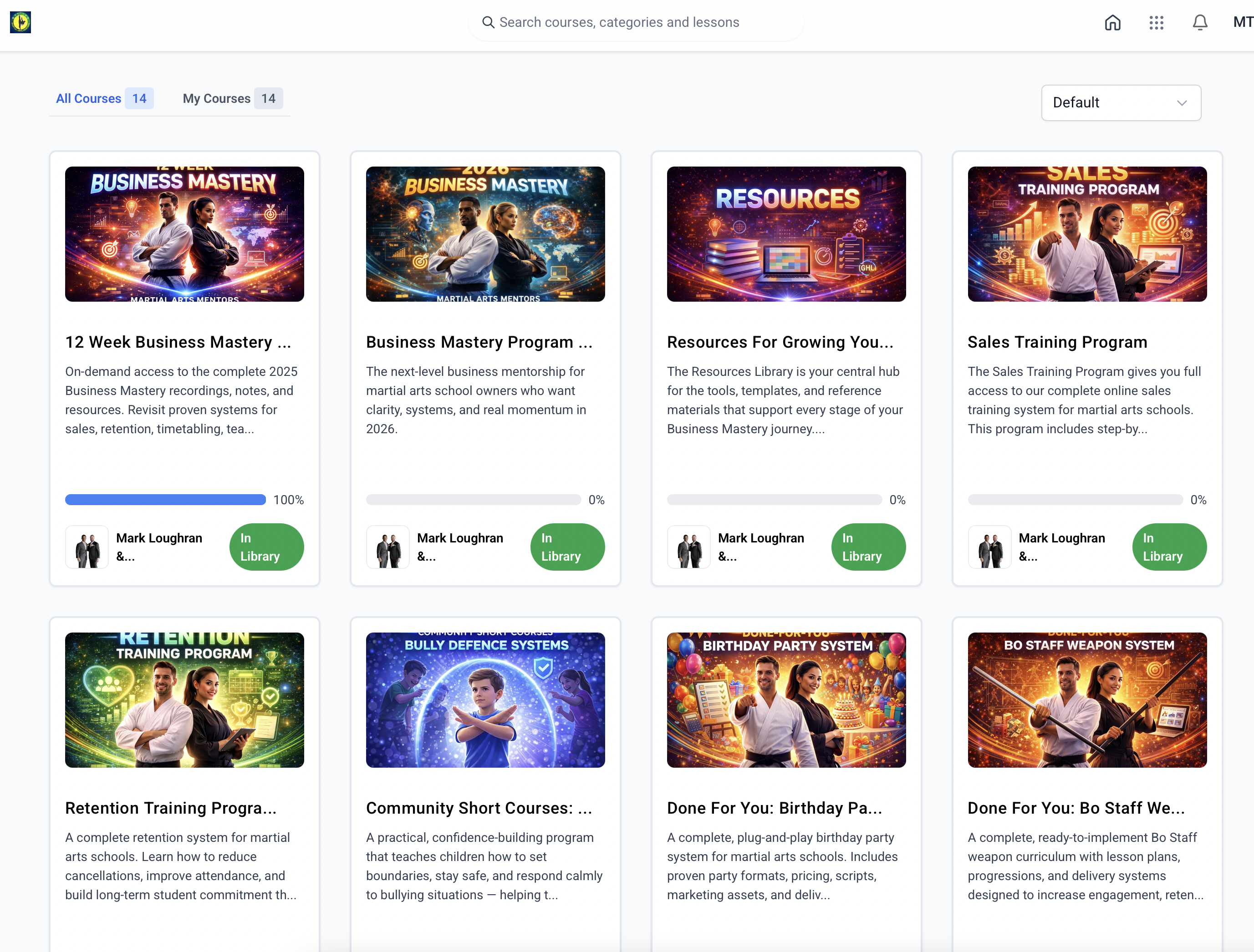 The MAM Academy member portal showing the Business Mastery courses and resource library