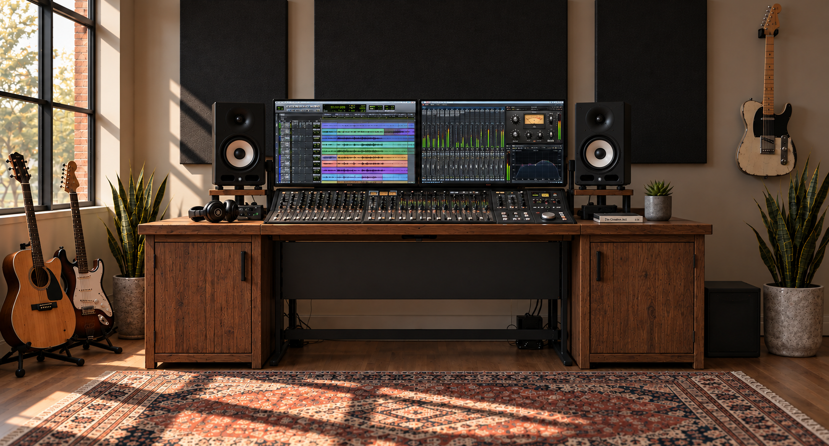 Home recording studio with guitars, a mixing desk, and monitor speakers in warm afternoon light