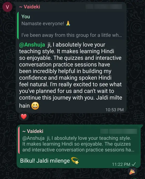 Vaideki says the quizzes and conversation practice sessions built her confidence