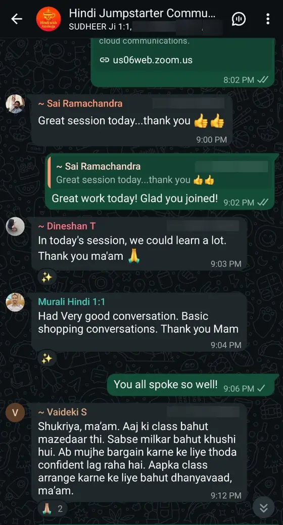 WhatsApp messages after a live session, including Vaideki writing in Hindi that she now feels confident to bargain