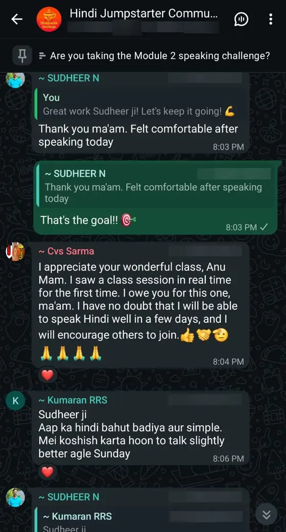 Members encourage each other in Hindi after a session