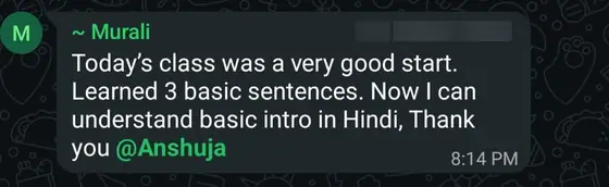 Murali learned three basic sentences and can now understand a basic introduction