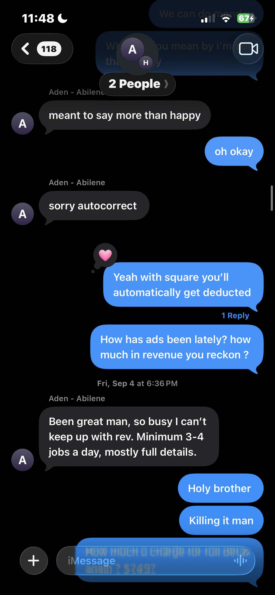 Abilene Auto Aesthetics text thread with the owner